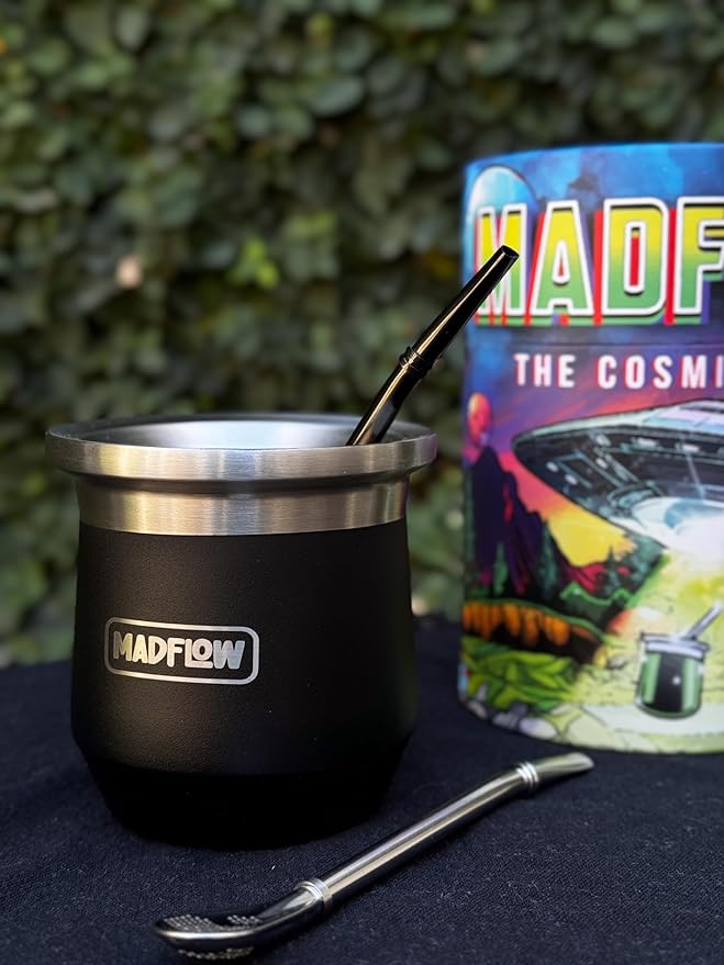 MADFLOW Yerba Mate Cup. Stainless Steel Mate Cup with 2 Bombillas. Double Wall Vacuum Insulated Yerba Mate Gourd. Unique Mate Cup And Bombilla Set