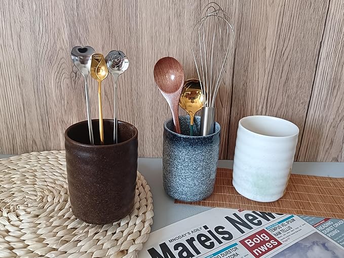 Stoneware Coffee Bar Utensil Holder Tea & Coffee Spoon & Stirrer Holder for Stir Stick Straw Teaspoon Holder Spoon Cup Small Utensil Jar (Stone Blue)