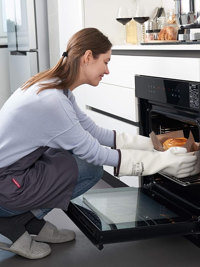 LANON 15" Liquid Silicone Heat Resistant Oven Gloves, Food Grade, CoralAir Liner, Waterproof, Extra Long, Medium
