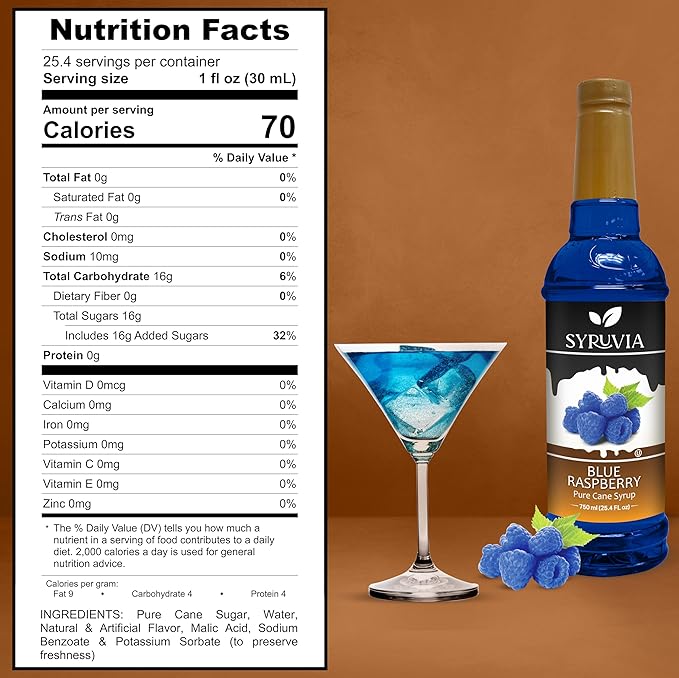 Syruvia Blue Raspberry Syrup, Flavored Syrup for Drinks, Cocktails, Lemonades, Iced Teas, and Desserts – 25.4 fl oz, With Pump