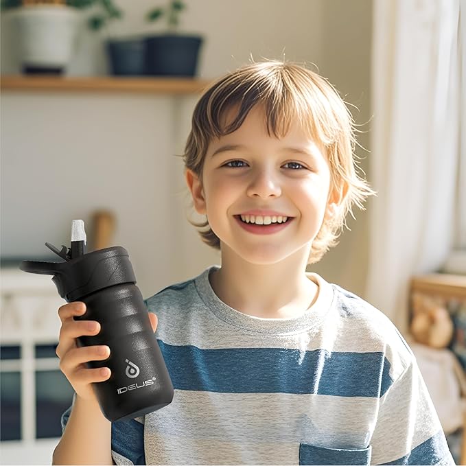 IDEUS Insulated Water Bottle 12oz, Stainless Steel Insulated Water Bottle For School, Insulated Bottles With Straws Leakproof, Vacuum Double Wall Water Bottles For Boys And Girls With 2 Lids, BPA Free