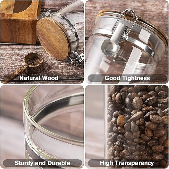 Yangbaga Glass Coffee Container with Wooden Shelf,2×45OZ Coffee and Sugar Container Set,Coffee Canisters with Airtight Lids and Scoop,Large Capacity Food Storage Jars for Coffee Beans,Nuts,Tea,Sugar