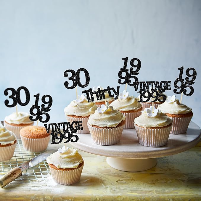 Gyufise 24Pcs Vintage 1995 Cupcake Toppers Cheers to 30 Fabulous Thirty Cupcake Picks Decorations for 30th Birthday Wedding Anniversary Party Supplies Black