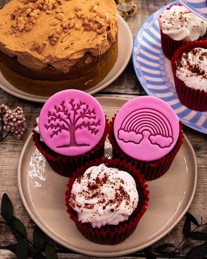 BAKERLOGY New Beginnings - Mini 2" Cookie Cutter & Stamp Set - Rainbow & Lush Tree Design for Easter & Spring Cookies, Cupcakes & Fondant Decorations
