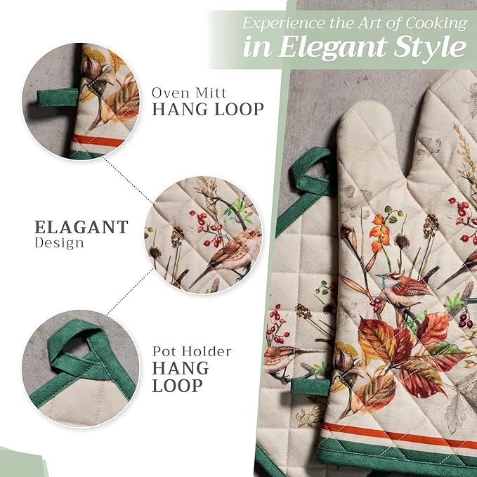 Maison d' Hermine 100% Cotton Oven Mitt & Pot Holder Set (7.5"x13" & 8"x8") Heat Resistant BBQ Cooking Gloves with Loop, Baking, Grilling, Kitchen, Handling Hot Pans (Recolte)