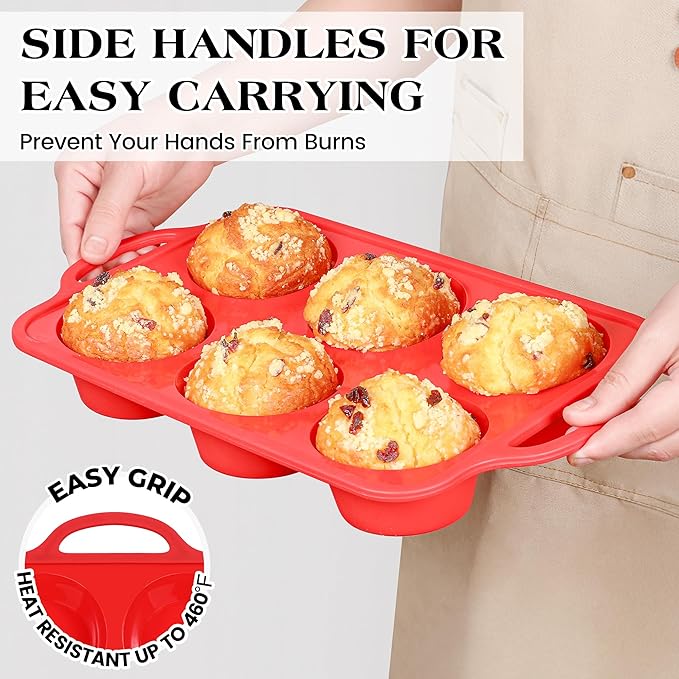 1 Pc Jumbo Muffin Pan with Metal Frame, Nonstick 6 Cup Extra Large Cupcake Pan for Baking, Silicone Deep Muffin Tray for Egg Bites (Red)