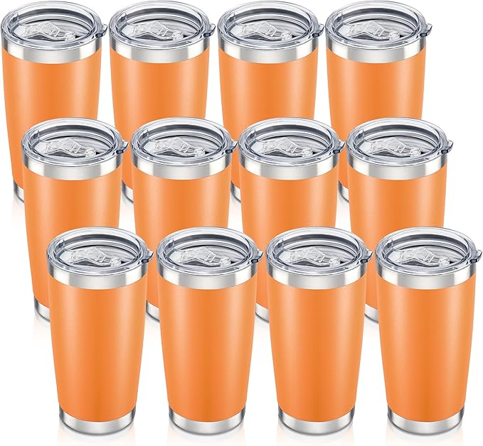 20 oz Tumbler with Lid Stainless Steel Insulated Tumblers Bulk Double Wall Vacuum Cups Powder Coated Travel Mug Keep Drinks Cold and Hot, Orange, 12 Pack