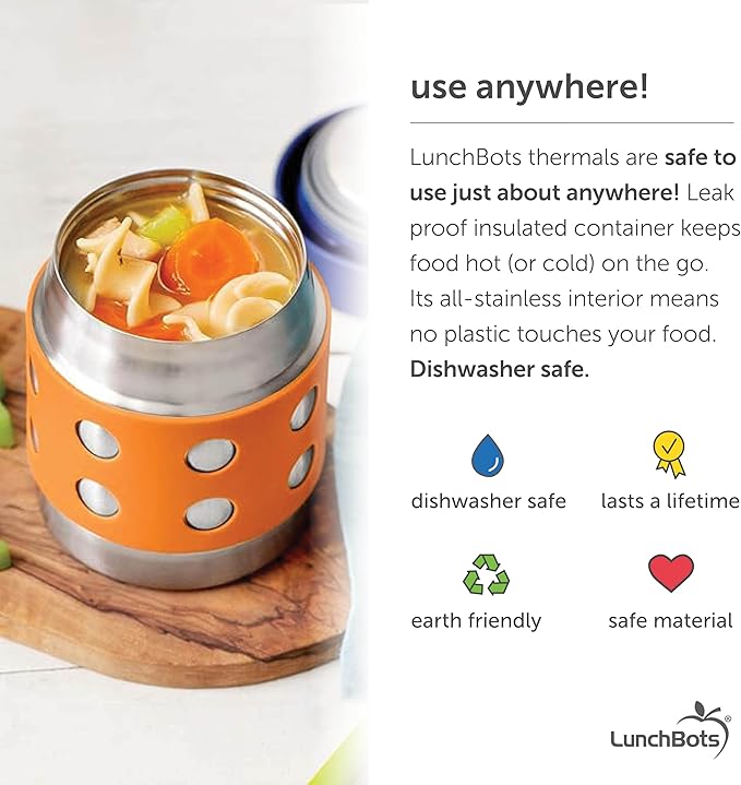 LunchBots Thermal 8 oz Triple Insulated Thermos - Hot 6 Hours or Cold 12 Hours - Leak Proof Thermos Soup Jar - All Stainless Interior - Navy Lid - Orange Dots