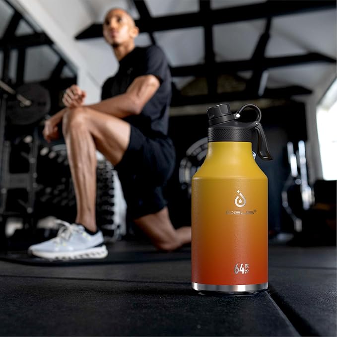 IDEUS Insulated Stainless Steel Water Bottle with 2 Leak-Proof Lids, Thermal Water Flask for Hiking Biking, 64oz, Yellow
