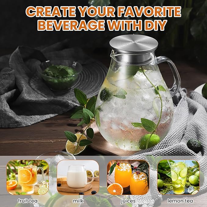 SUSTEAS 3 Litre 101oz Glass Pitcher Jar with Lid and Nozzle, 3.17Quart Cold/Hot Water Glass Water Bottle, Ice Tea for Refrigerator, Large Water Jar for Juice, Milk, Coffee or Homemade Drinks