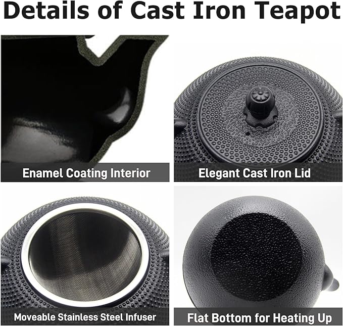 40.6oz Cast Iron Teapot Set with Cast Iron Warmer, Japanese Tetsubin Tea Kettle Set with Cups,Cast Iron Teapot with Stainless Steel Infuser and Enameled Interior for Stovetop Safe(1200ml)