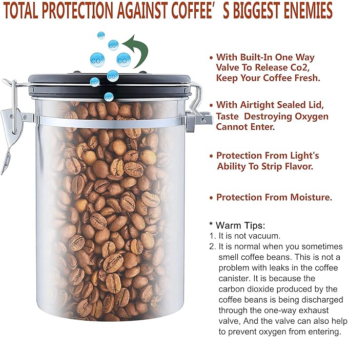 Airtight Coffee Bean Container - Co2 Valve Coffee Bean Canister with Scoop for Ground Coffee Large Copper 21oz