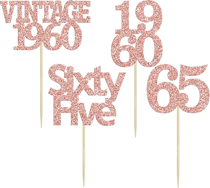 Gyufise 24Pcs 65th Birthday Cupcake Toppers Glitter Cheers to 65 Fabulous Sixty Five Vintage 1960 Cupcake Picks 65th Birthday Wedding Anniversary Party Cake Decorations Supplies Rose Gold