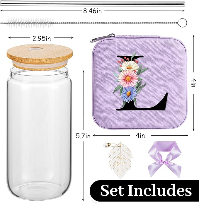 AYGXU Glass Cups with Bamboo Lids and Straws, 16oz, Small Travel Jewelry Case, Initial Glass Cup, Travel Jewelry Organizer, Initial L Purple