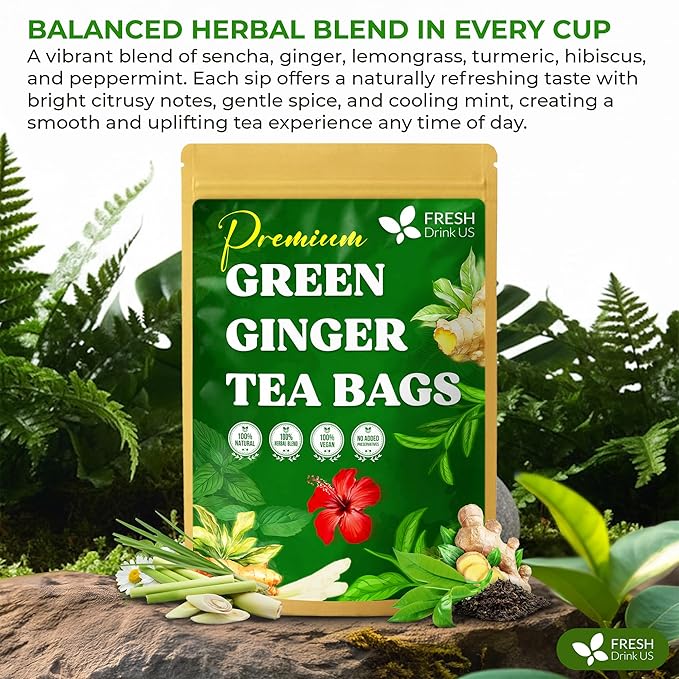 FreshDrinkUS, Premium Green Ginger Tea | 75 Tea Bags | Sencha Green Tea with Ginger, Lemongrass, Turmeric, Hibiscus & Peppermint | Natural Herbal Blend | Comfort & Refreshing, Vegan