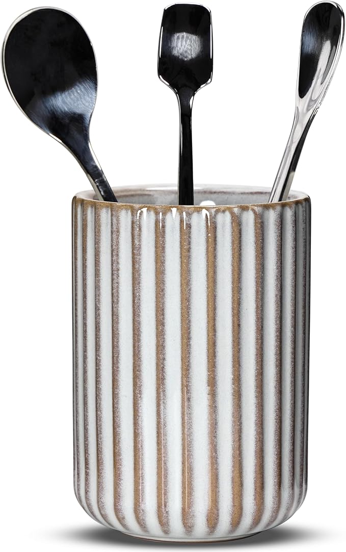 Ceramic Spoon Holder for Coffee Bar, Upright Tea Spoon Holder Cup, Coffee Stirrers Straws Stir Stick Holder, Fish Belly White Fluted Surface