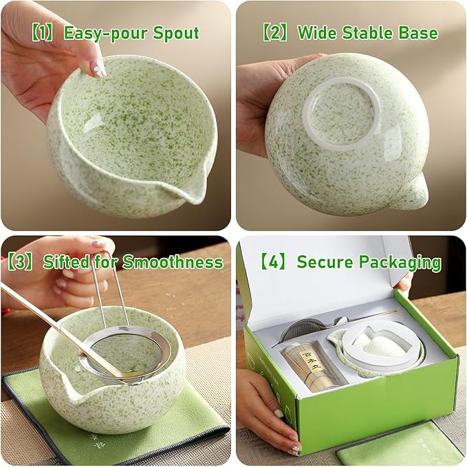 Matcha Whisk Set, Ceramic Matcha Set with Spout, Matcha Bowl Kit with Sifter, Whisk and Holder, Bamboo Scoop, Scoop Rest, Tea Towel, 7 Pcs Matcha Kit Set for Making Breakfast/Latte for Matcha Lovers