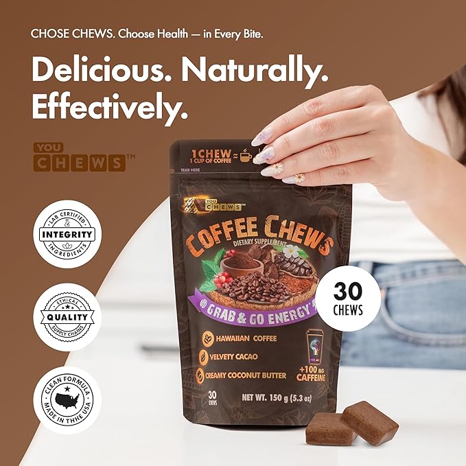 YouChews Coffee Chews - Grab & Go Energy with 100mg per Chew of Clean, Green Caffeine. With Real Organic Ingredients, Low Sugar, Great Bold Taste & Long Lasting Energy Boost (30 Chews Pack)