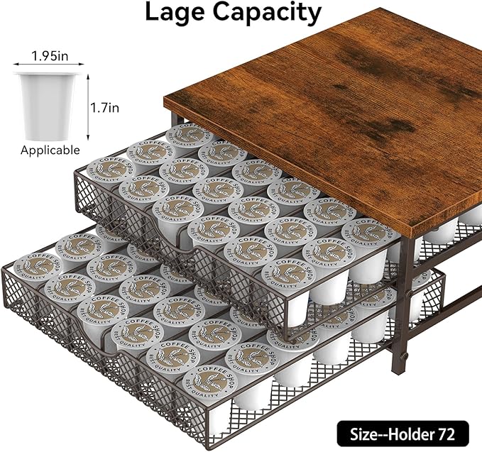 Coffee Pod Drawer K Cups Organizer 2-Tier Coffee Pod Storage Holder with Drawer Baskets 72 Capacity Coffee Capsule Storage Organizer Drawer, Industrial Brown and Bronze