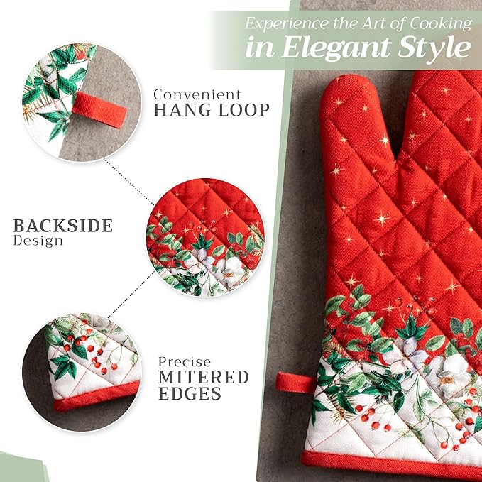 Maison d' Hermine 100% Cotton Oven Mitt & Pot Holder Set (7.5"x13" & 8"x8") Heat Resistant BBQ Cooking Gloves with Loop, Baking, Grilling, Kitchen, Handling Hot Pans (Noel)