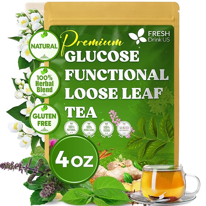 FreshDrinkUS, Glucose Functional Loose Leaf Tea | 4oz | Herbal Blend of Gymnema, Milk Thistle, Dandelion Root, Cinnamon & Ashwagandha – Naturally Caffeine-Free, Premium Quality, Balanced Flavor. Vegan
