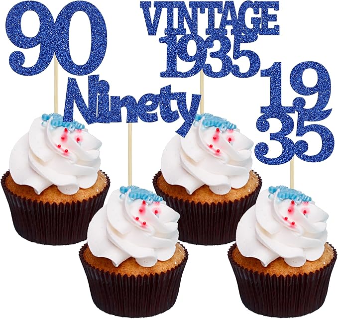Gyufise 24Pcs Vintage 1935 Cupcake Toppers Glitter Cheers to 90 Fabulous Ninety Cupcake Picks 90th Birthday Wedding Anniversary Party Cake Decorations Supplies Deep Blue
