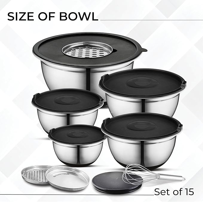 AVADOR Premium Stainless Steel Mixing Bowls Sets Brushed Stainless Steel Mixing Bowl Set, Easy To Clean, Space Saving, Great for Cooking, Baking, Prepping Needs (9 pc Anti Slip with Lid and Graters)