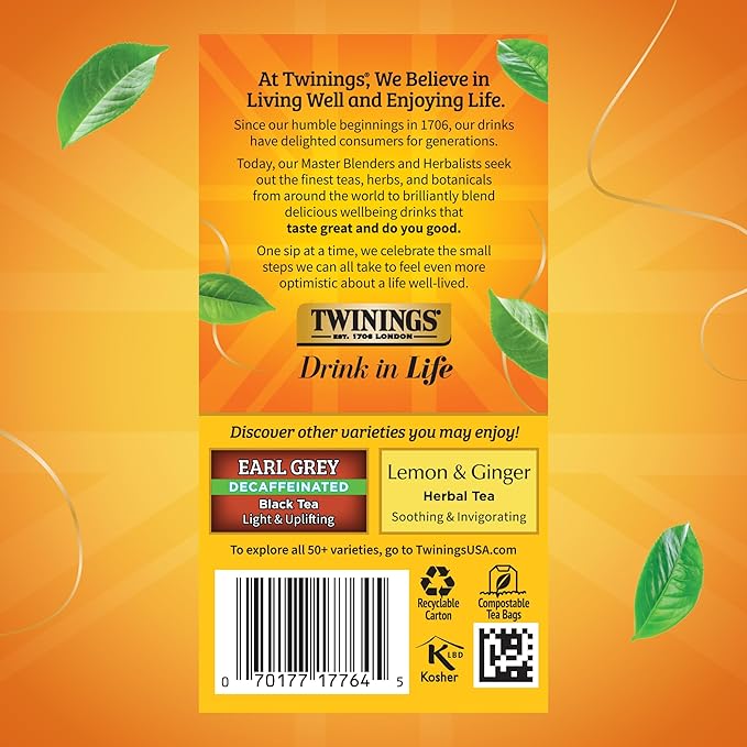 Twinings Decaffeinated Lady Grey Black Tea Individually Wrapped Bags, 20 Count (Pack of 6), Orange Peel & Lemon Peel, Enjoy Hot or Iced, 120 Teabags