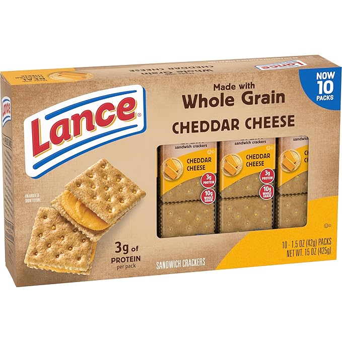 Lance Sandwich Crackers, Made with Whole Grain Crackers, Cheddar Cheese, 10 Packs, 6 Sandwiches Each