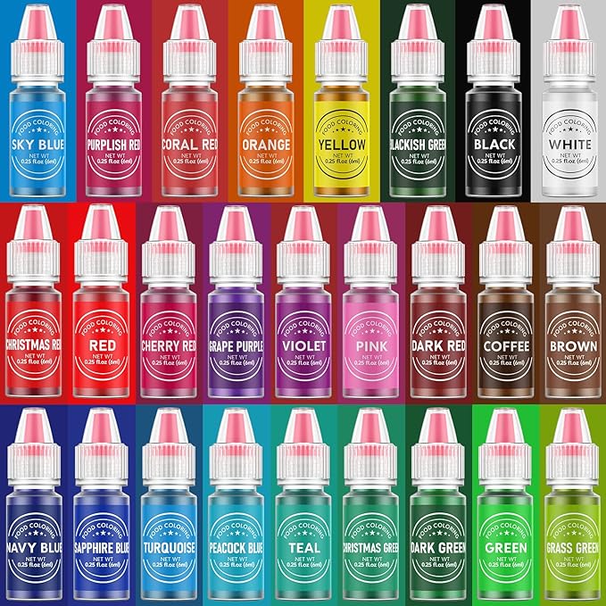 Food Coloring for Baking - 26 Vibrant Cake Coloring Liquid Set for Dessert Decorating, Food Grade Food Dye for Icing,Fondant,Cookies,Easter Egg,Making DIY Supplies Kit- 0.25 Fl. oz (6 ml)/Bottles
