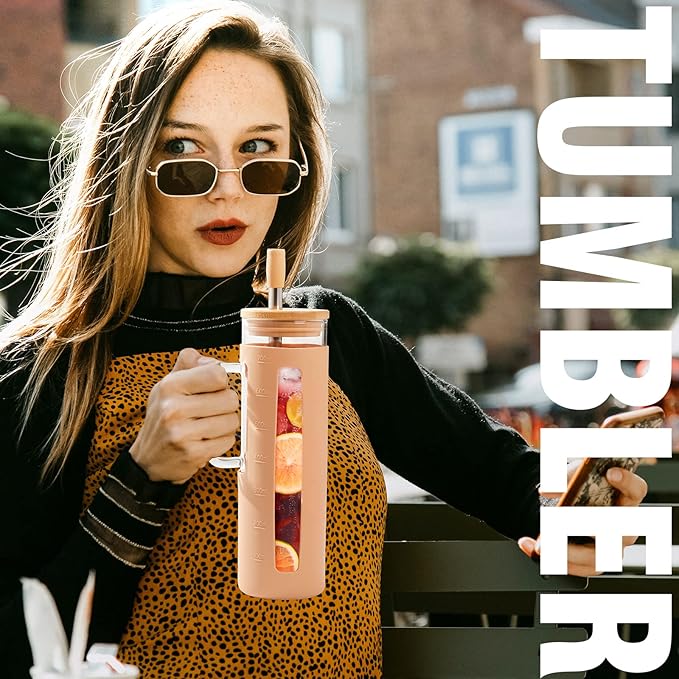 Kodrine Tumbler with Lid and Straw, 24 oz Glass Tumbler with Handle, Iced Coffee Cup Boba Smoothie Cup, Coffee Tumbler Water Tumbler Cups with Bamboo Lid Home Office Tumblers, Amber
