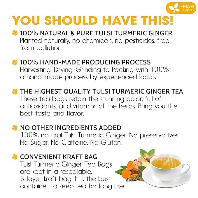 FreshDrinkUS, Premium 75 Tulsi Turmeric Ginger Tea Bags, 100% Natural & Pure from Tulsi Holy Basil Leaves, Turmeric and Ginger. Made with Natural Material Tea Bags. No Sugar, No Caffeine, Vegan.