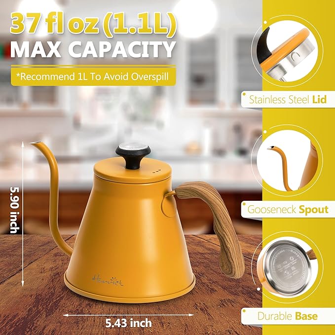 Harriet Gooseneck Kettle with Thermometer for Pour Over Coffee and Tea, 37 fl oz, Stainless Steel, Durable 3-Layer Base, Ideal Spout for Precision Pouring, Compatible with all Stove Tops, Yellow