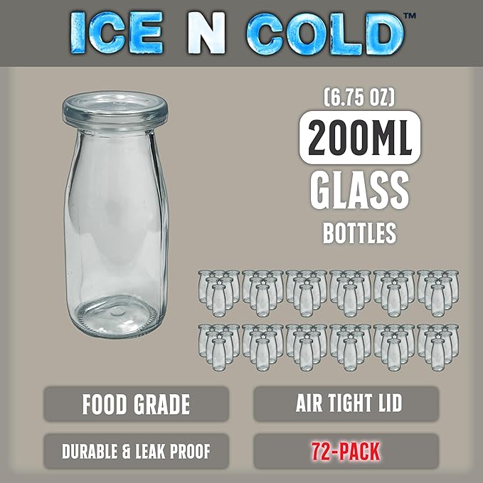 6.76 oz / 200ml Vintage Glass Bottle with Leakproof Clear Lid, Reusable & Eco-Friendly – Ideal for Milk, Juices, Smoothies, Infused Water, BPA-Free Glass Bottle (72-Pack)