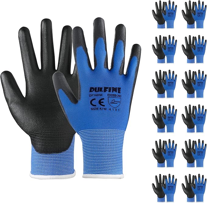 DULFINE Safety Work Gloves PU Coated-12 Pairs,Blue Seamless Knit Glove with Polyurethane Coated Smooth Grip on Palm & Fingers, for Men and Women, Ideal for General Duty Work (Medium)