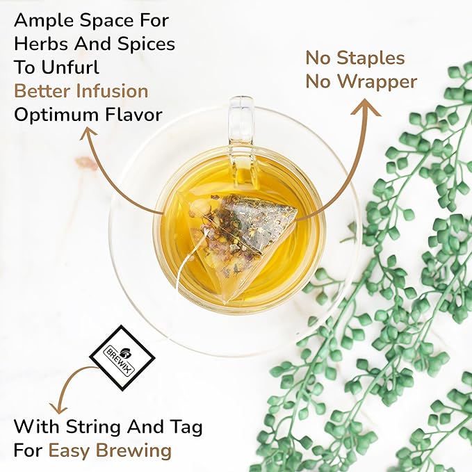 BREWIX Holy Basil Tea Bags (15 Pyramid Tea Bags) | Tee With Tulsi Leaves and Chamomile | Caffeine Free, Calming Herbal Tea With Fresh and Cool Flavor