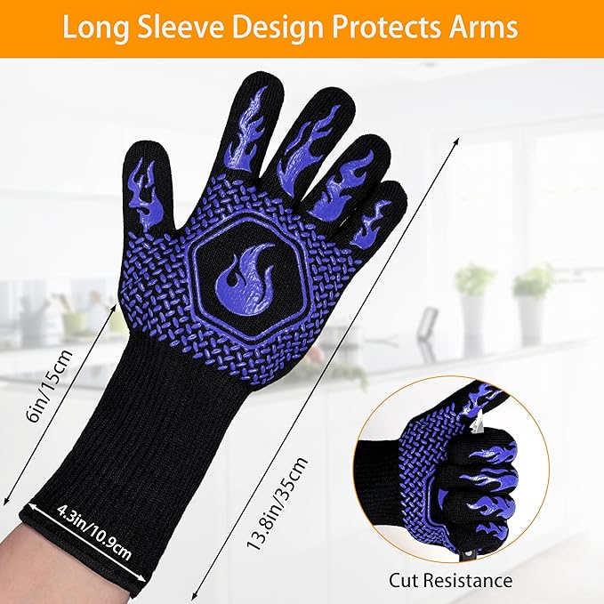 BBQ Fireproof Gloves, Grill Cut-Resistant Gloves 1472°F Heat Resistant Gloves, Non-Slip Silicone Oven Gloves, Kitchen Safe Cooking Gloves for Oven Mitts,Barbecue,Cooking, Frying,13.5 Inch-Blue