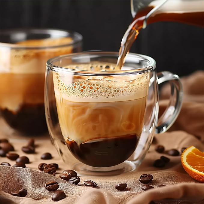 Set of 2 Double Walled Glass Coffee Mugs 6 Ounces Insulated Layer Coffee Cups with Handle Borosilicate Glass Espresso Cup for Hot Beverage,Cappuccino,Tea,Latte,Wine,Microwave Safe