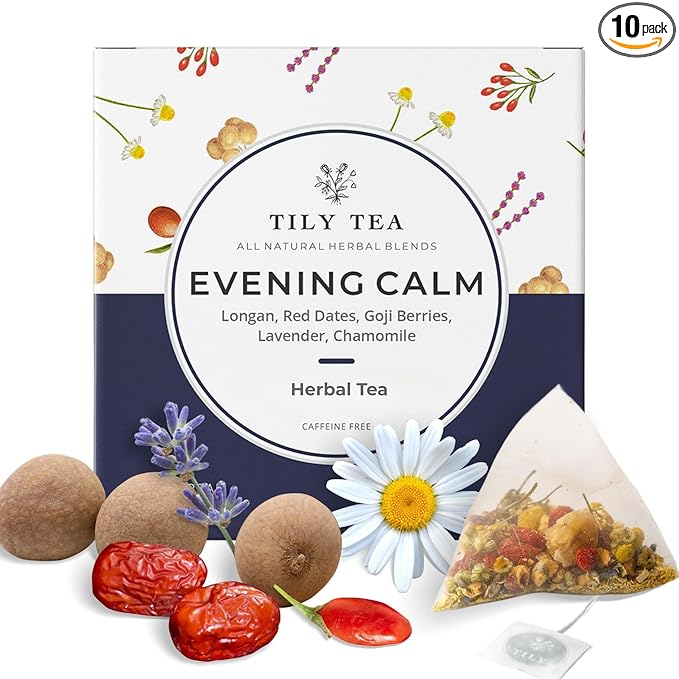 Tily Tea Evening Calm Herbal Tea - Nighttime Tea with Chamomile and Lavender - Caffeine Free - 10 Plastic-Free Teabags