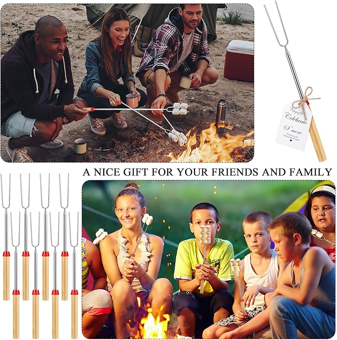 6 Sets S'mores Party Favor Includes Smores Sticks for Fire Pit Celebrate Smore Birthday Party Favors Tags with String Extendable Marshmellow Sticks Smores Skewers for Wedding Camping