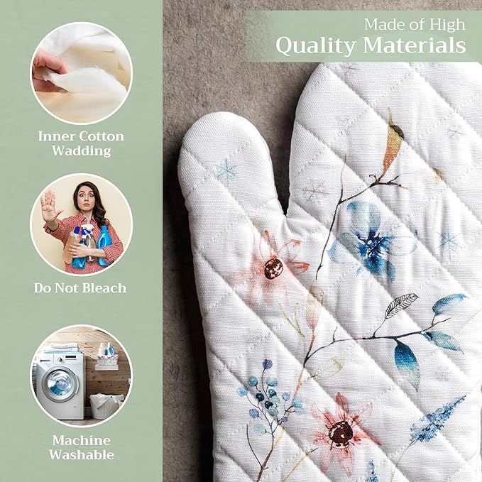 Maison d' Hermine Oven Gloves 100% Cotton Oven Mitt 7" x 13" with Loop Heat Resistant, BBQ, Cooking Gloves, Baking, Grilling, Kitchen, Handling Hot Pans (Pack of 1, Ice Florals)