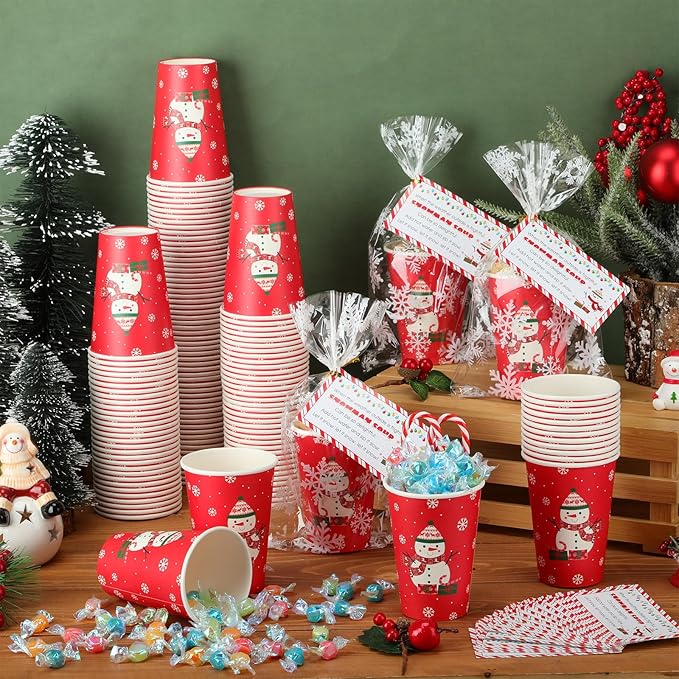 200 Sets Christmas Snowman Soup Kits for Classroom Coworker Gift 12 Oz Winter Snowman Paper Cups for Hot Cocoa Chocolate Marshmallow Soup Tags Clear Xmas Bags (Vibrant)
