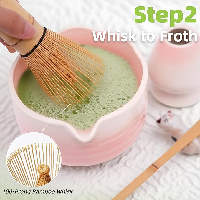 Pink Matcha Whisk Set, 6 Pcs Matcha Kit Includes Pink Matcha Bowl with Spout, Macha Whisk & Holder, Tea Scoop, Stainless Sifter, Cat Scoop Rest, Unique Macha Gifts for Women, Friend, Birthday