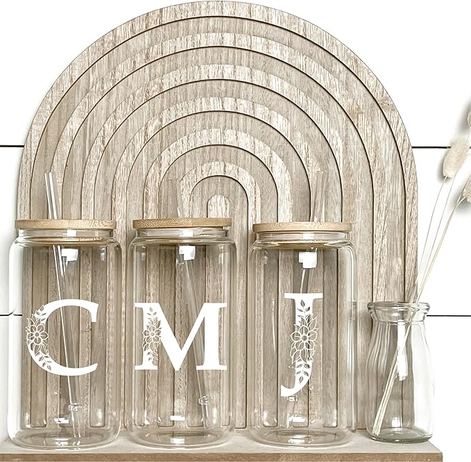 Personalized Gifts for Women, Monogrammed Glass Cups with Lids and Straws, Custom Tumbler, Cute Customized Mug, Aesthetic Stuff, Initial Iced Coffee Cup, Drinking Glasses, Birthday Teacher Gifts, M