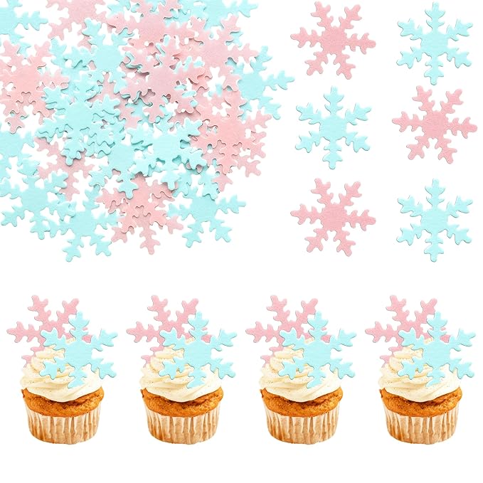 Gyufise 50Pcs Pink Edible Cupcake Cake Toppers Snowflake Cake Decorations for Christmas Winter Frozen Theme Party Supply Decoration Blue Pink