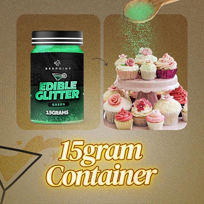 BeePoint Green Edible Glitter for Drinks 15g - Food Grade, Vibrant Color Shimmer Powdered Dust for Drinks, Cocktails, Cake Decorating, Baking, Chocolates, Candy, Sweets, & Cookies - Vegan & Gluten Free