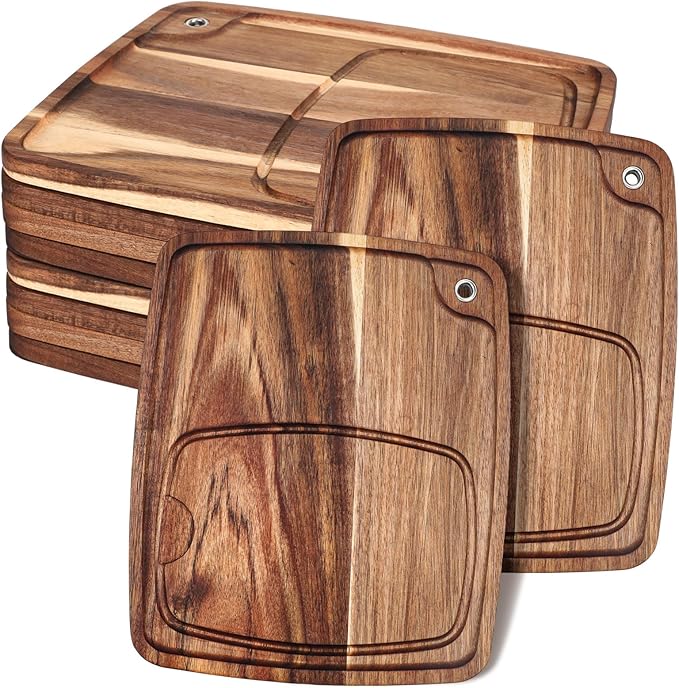 Uiifan 10 Pcs Steak Plates with Juice Channel Wooden Steak Board Set Acacia Cutting Serving Board for Home Serving Eating Meat Dishes Snack Dessert, 13 x 11 x 0.6 Inch