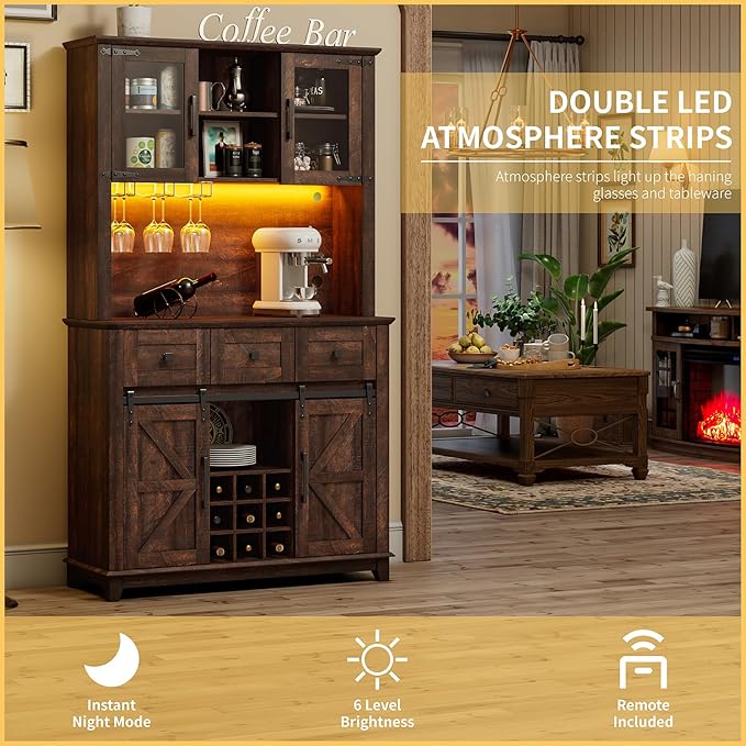 72" Coffee Bar Wine Cabinet with Sliding Barn Door & LED Lights, Sideboard Buffet Cabinet with Wine Bottle Rack, 3 Drawers, Storage Cabinets for Kitchen, Dining Room, Brown