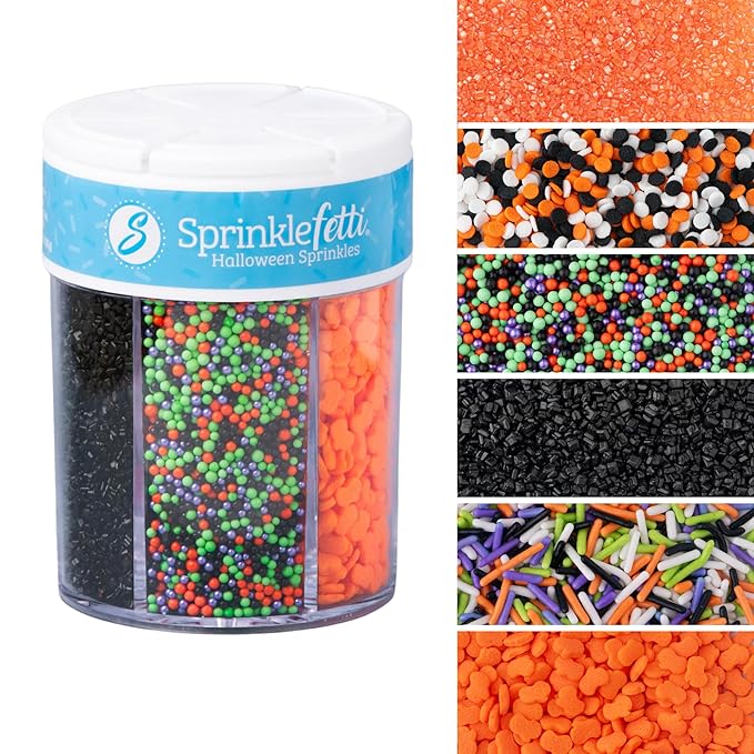Sweets Indeed Halloween 6-Cell Sprinkle Jar – 6 Variety Sprinkle Compartments | Edible Cake Decorations for Cupcakes, Cookies, Cakes & Desserts | 6.45 oz