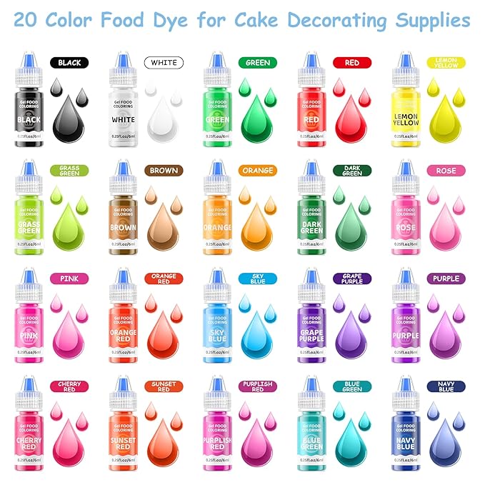 Gel Food Coloring Cake Decorating Set - Jelife 20 Colors Gel Based Flavorless Edible Food Color Dye Vibrant Concentrated Neon Icing Colors for Kids Baking Macaron Frosting Fondant Cookie (6ml/Bottles)